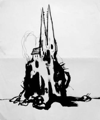 Clive Barker - Original sketch of church with dragon-skull steeples