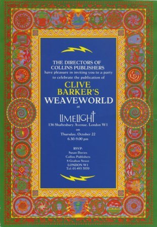 Invitation to Weaveworld's 22 October 1987 launch party